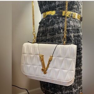 Versace White Quilted Shoulder Bag with Gold Details w Cert of Authenticity
